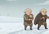 Dois homens caminham no frio