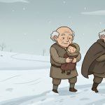 Dois homens caminham no frio