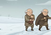 Dois homens caminham no frio