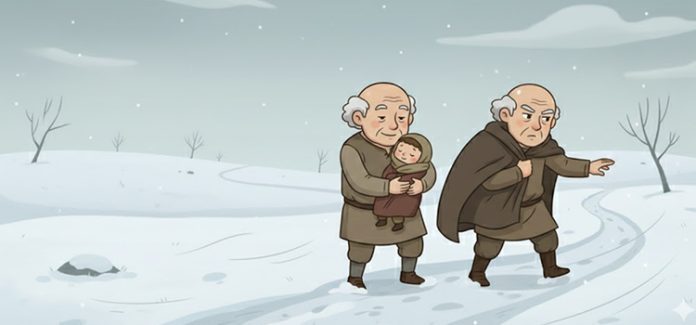 Dois homens caminham no frio