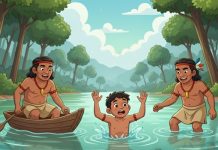 o Adolescente é jogado na água do rio pelo indios