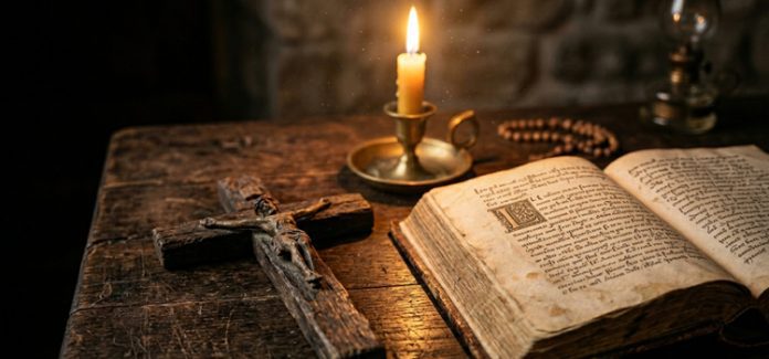 amor de Deus por nós Imagem horizontal com foco em um crucifixo de madeira antigo sobre uma mesa com uma Bíblia Sagrada aberta, iluminado por uma luz suave e acolhedora de velas, mostrando o amor de Deus por nós