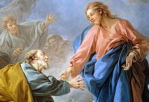 Jesus anda sobre a agua do mar e segura na mão de Pedro para não afundar