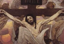 Imagem de Jesus crucificado com anjos ao redor, representando a manifestação da glória de Deus na crucificação.