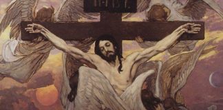 Imagem de Jesus crucificado com anjos ao redor, representando a manifestação da glória de Deus na crucificação.