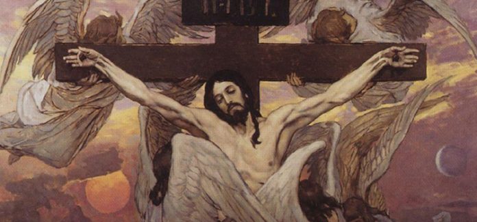 Jesus crucificado e a Glória de Deus Imagem de Jesus crucificado com anjos ao redor, representando a manifestação da glória de Deus na crucificação.