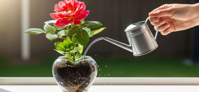 sementes-da-presença-de-Deus Ilustração de uma pessoa regando uma pequena planta em um vaso formato de coração, simbolizando as sementes da presença de Deus crescendo na vida cristã.