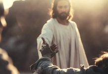 Jesus Cristo estendendo a mão para ajudar uma pessoa a se levantar, simbolizando a vitória para vencer as tentações e o desânimo.