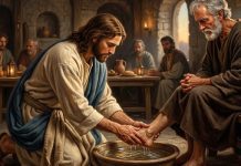Ilustração de Jesus Cristo lavando os pés de um discípulo mostrando que o gesto de humildade é a verdadeira grandeza no serviço do Reino de Deus.