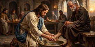 Ilustração de Jesus Cristo lavando os pés de um discípulo mostrando que o gesto de humildade é a verdadeira grandeza no serviço do Reino de Deus.