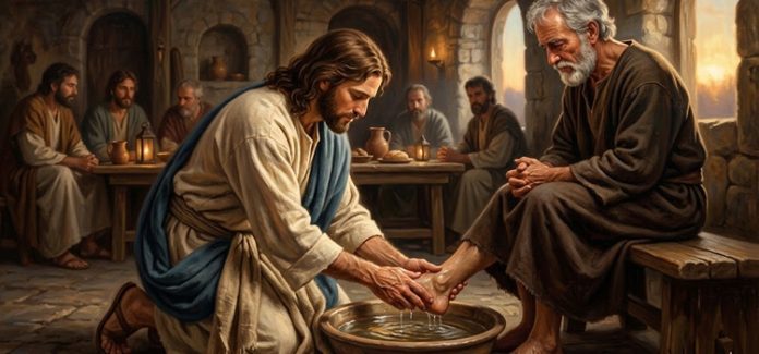 a-verdadeira-grandeza-lava-pes Ilustração de Jesus Cristo lavando os pés de um discípulo mostrando que o gesto de humildade é a verdadeira grandeza no serviço do Reino de Deus.