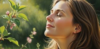 Mulher de olhos fechados, em paz, sentindo uma brisa suave no rosto, representando o momento de ouvir a voz de Deus no silêncio.