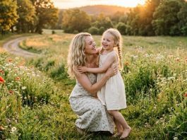 Como Ter um Dia Feliz nas Coisas Simples da Vida? mãe e filha juntas num campo florido tendo um dia feliz