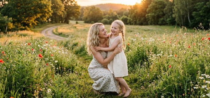 mãe e filha juntas num campo florido tendo um dia feliz