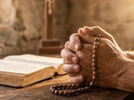 Como Viver a Gratidão, Esperança e a Força na Vida Cristã Imagem de mãos em oração segurando um terço, simbolizando a gratidão e a força na vida cristã sob uma luz suave de manhã.