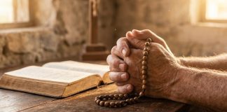 Imagem de mãos em oração segurando um terço, simbolizando a gratidão e a força na vida cristã sob uma luz suave de manhã.